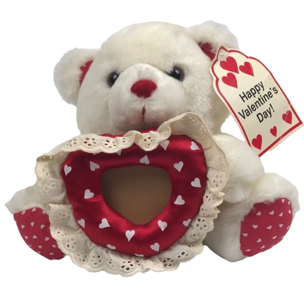 Vtg Commonwealth Valentine's Day Plush 1990 White Bear 7'' Heart Picture Frame